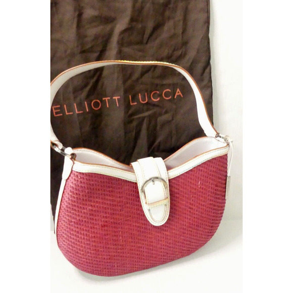 Pink Wicker Handbag Rattan White Leather Handle Buckle Elliott Lucca Colorful - Picture 2 of 13